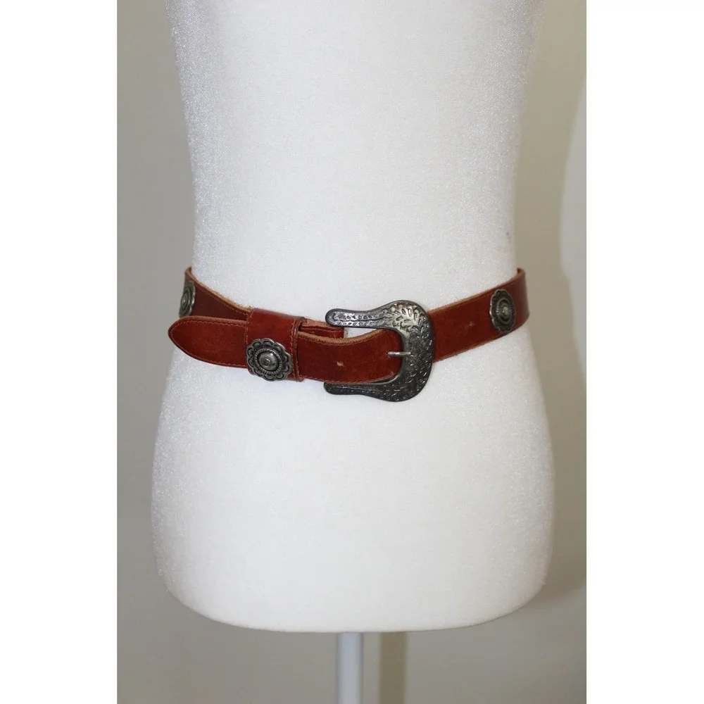 VTG Western Cognac Brown Leather Concho Belt Silver Engraved Buckle Small USA